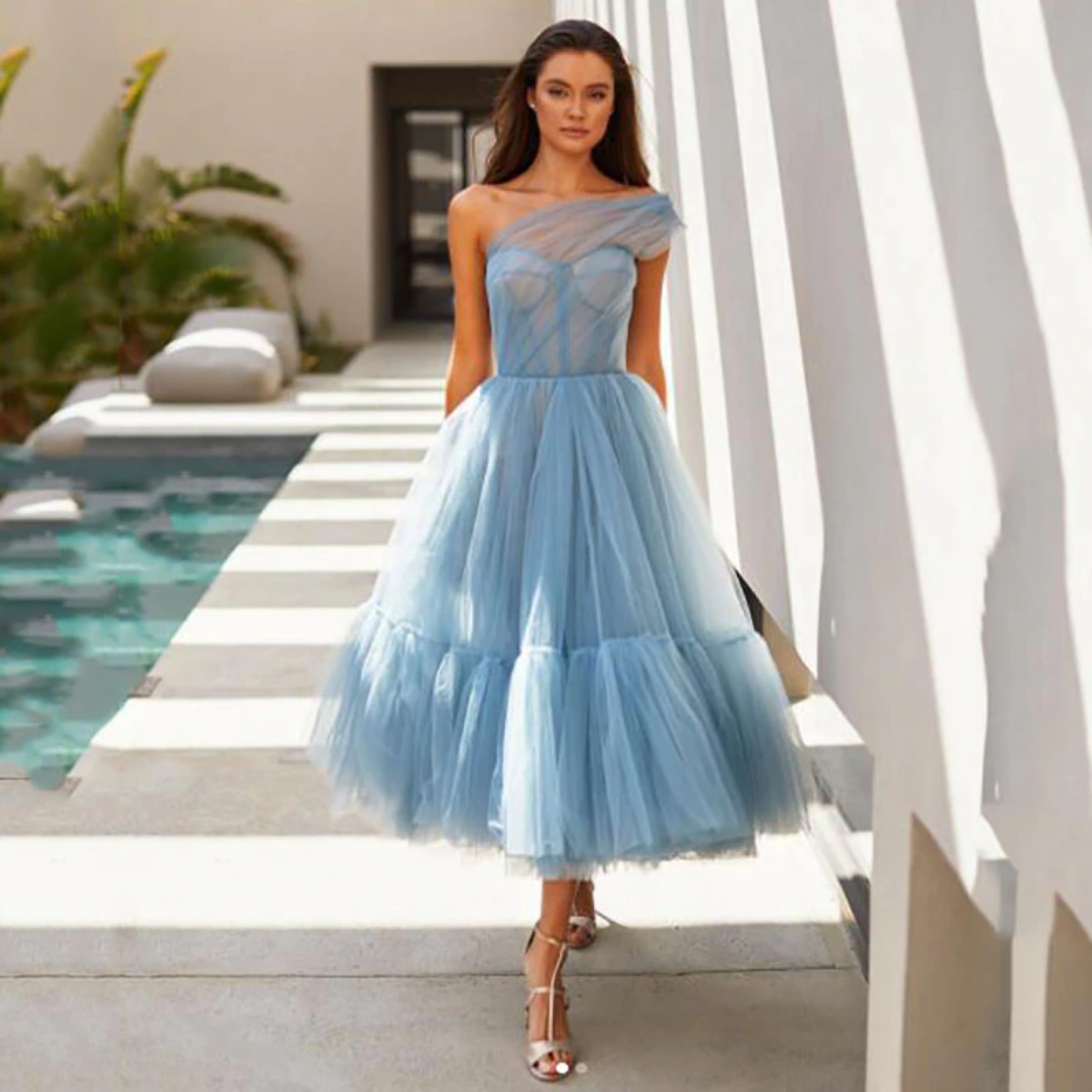One Shoulder A-Line Tea Length Prom Dress