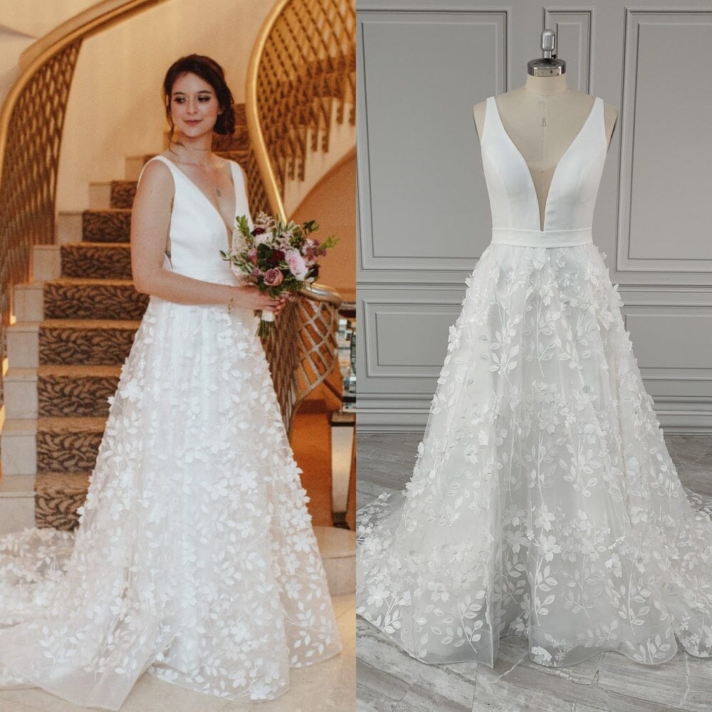 Boho V-neck Front Slit 3D Sweep Train Wedding Dress Boho Wedding Dresses BlissGown 