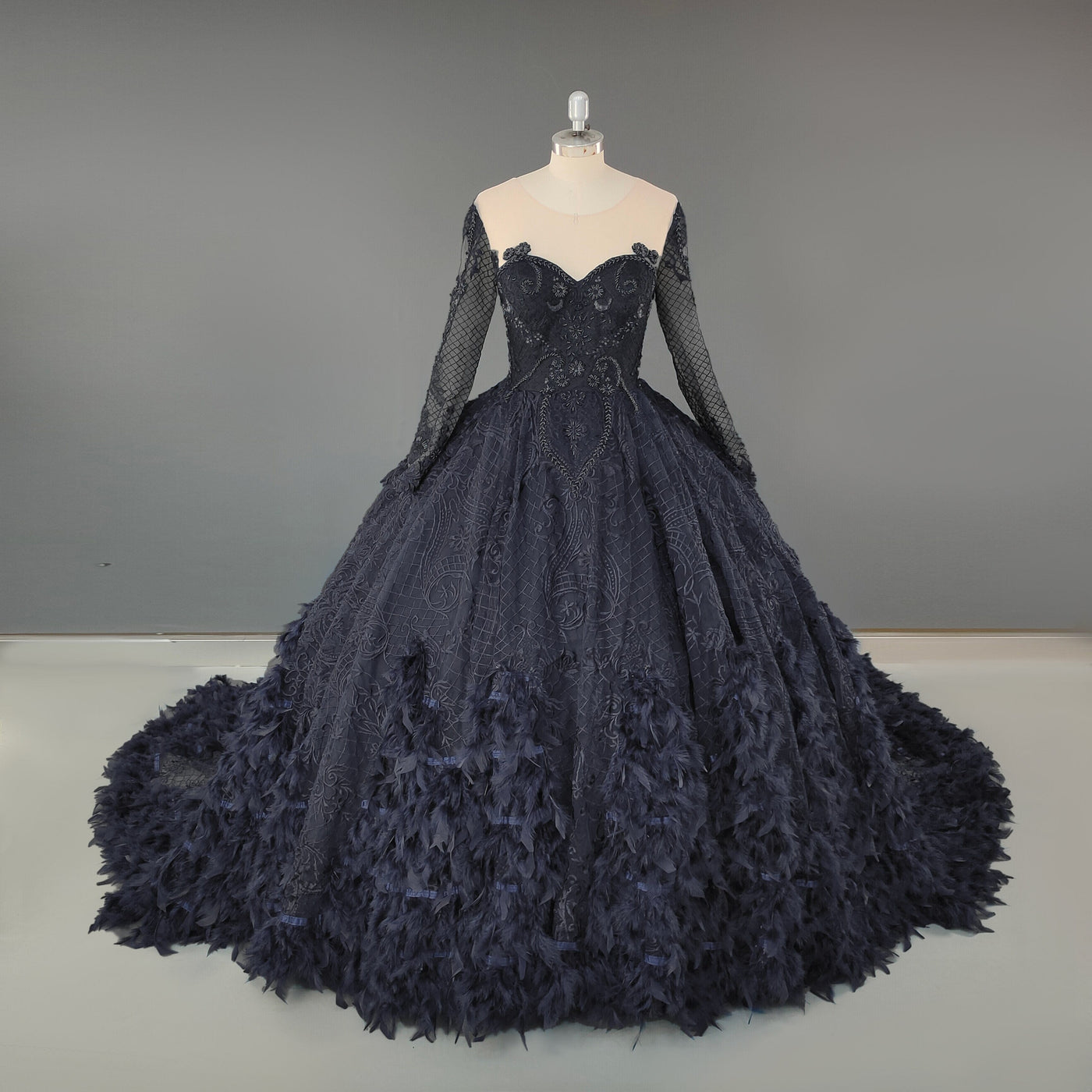 Luxury Ball Gowns Black Long Sleeves Feathers Custom Made Wedding Dress Luxury Wedding Dresses BlissGown 