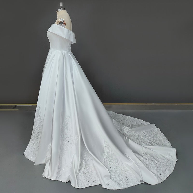 Strapless A-Line Off-Shoulder Open Back V-Neck Satin Lace Wedding Dress Classic Wedding Dresses BlissGown 