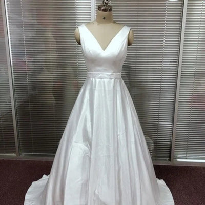 A Line V Neck Satin Wedding Dress Classic Wedding Dresses BLISS GOWN 