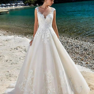 Applique Illusion Soft Satin A-Line Wedding Dress Boho Wedding Dresses BLISSGOWN 