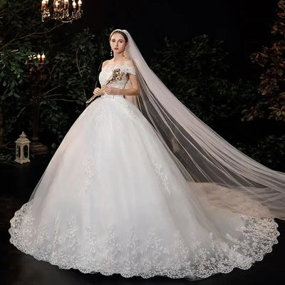 Ball Gown Wedding Dress, Full Sleeve Sexy V-neck Bride Dress Boho Wedding Dresses BlissGown Boat neck train 2 