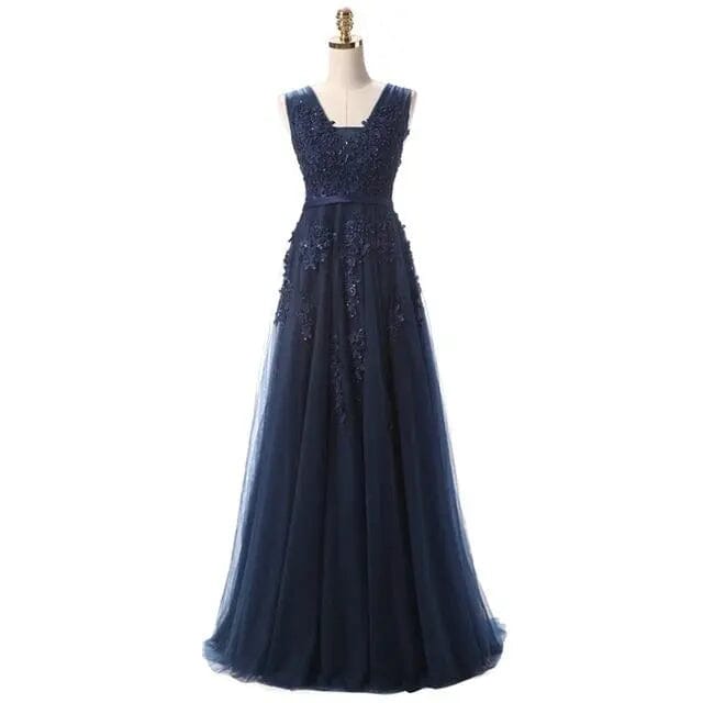 Banquet Elegant Floor-length Party Prom Dress V-Neck Prom Dresses BLISSGOWN Dark Blue 2 