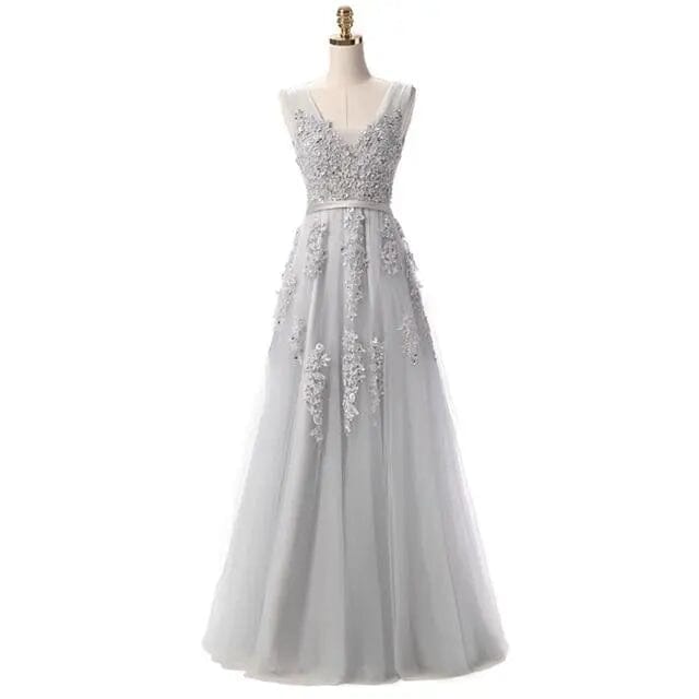 Banquet Elegant Floor-length Party Prom Dress V-Neck Prom Dresses BLISSGOWN Light Grey 2 