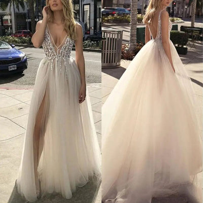 Beaded High Split Tulle Sexy Bridal Gown Sexy Wedding Dresses BLISSGOWN 
