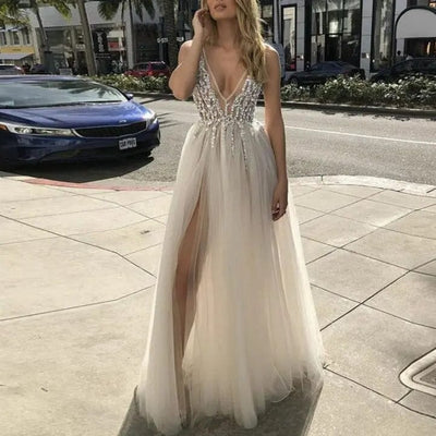 Beaded High Split Tulle Sexy Bridal Gown Sexy Wedding Dresses BLISSGOWN 