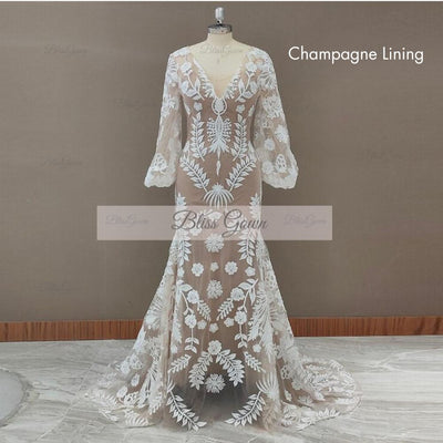 Bohemian Long Sleeves Lace Deep V-Neck Backless Wedding Dress Boho Wedding Dresses BlissGown Champagne Lining Custom Size 