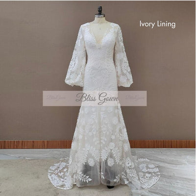 Bohemian Long Sleeves Lace Deep V-Neck Backless Wedding Dress Boho Wedding Dresses BlissGown Ivory Lining Custom Size 