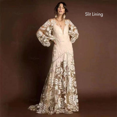 Bohemian Long Sleeves Lace Deep V-Neck Backless Wedding Dress Boho Wedding Dresses BlissGown Slit Lining Custom Size 