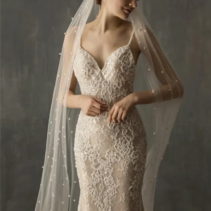 Bohemian Spaghetti Straps Pearls Lace Sweep Train Mermaid Wedding Dress Boho Wedding Dresses BlissGown 