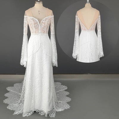 Boho Batwing Sleeve Rustic Romantic Open Back Mermaid Bridal Gown Boho Wedding Dresses BlissGown 