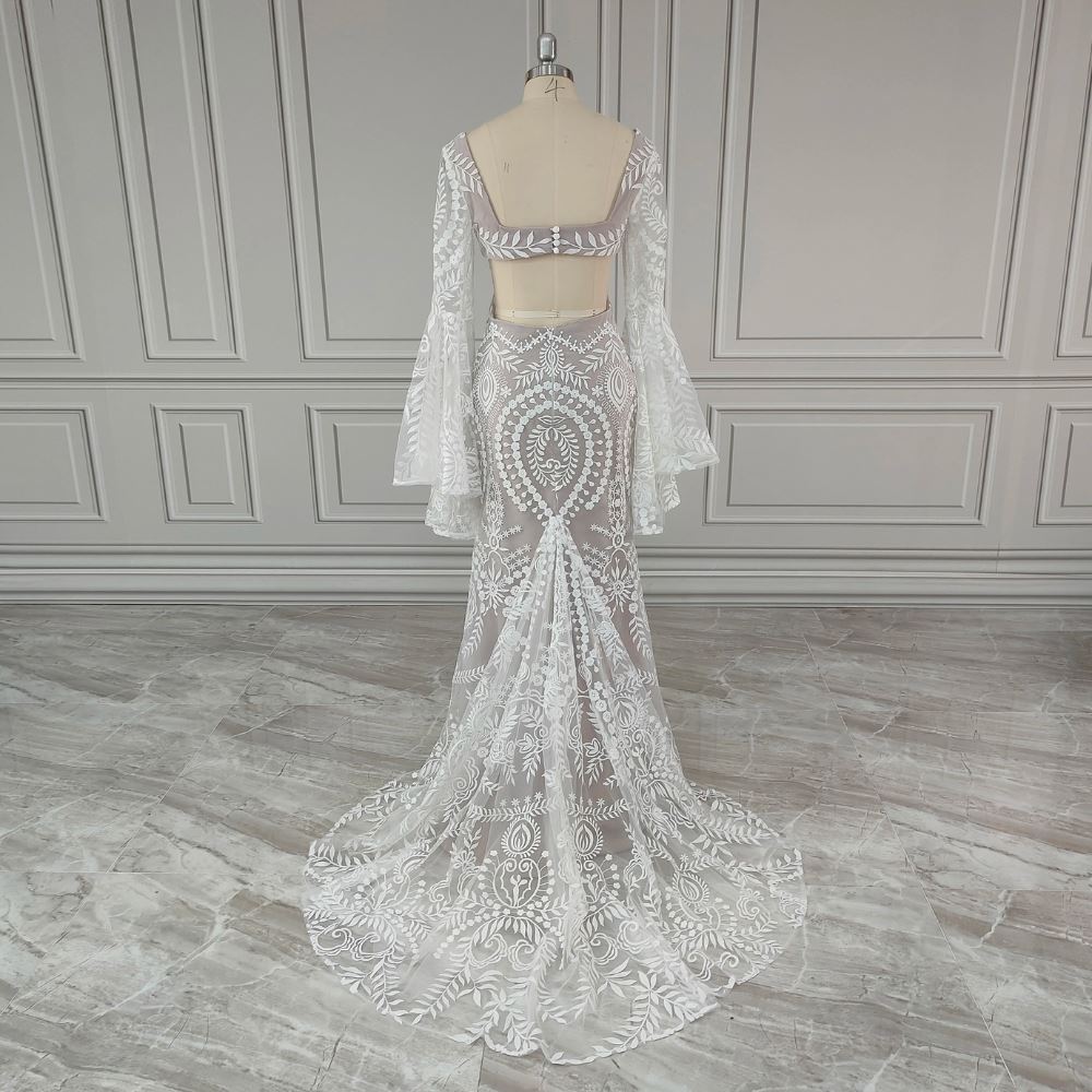 Boho Flare Sleeves Square Collar Backless Mermaid Wedding Dress Boho Wedding Dresses BlissGown 