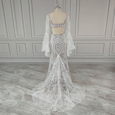 Boho Flare Sleeves Square Collar Backless Mermaid Wedding Dress Boho Wedding Dresses BlissGown 