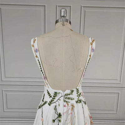 Boho V-neck Embroidered Flower Lace Low Back Sweep Train Wedding Dress Boho Wedding Dresses BlissGown 