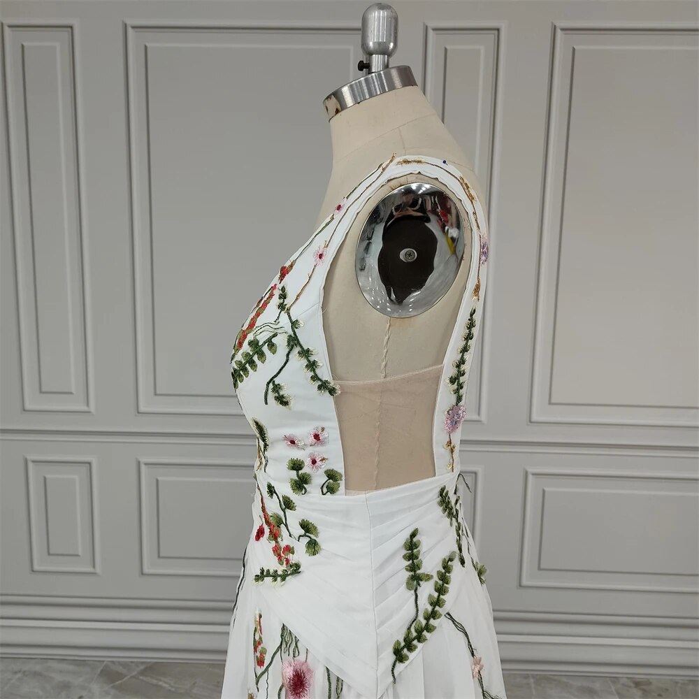 Boho V-neck Embroidered Flower Lace Low Back Sweep Train Wedding Dress Boho Wedding Dresses BlissGown 