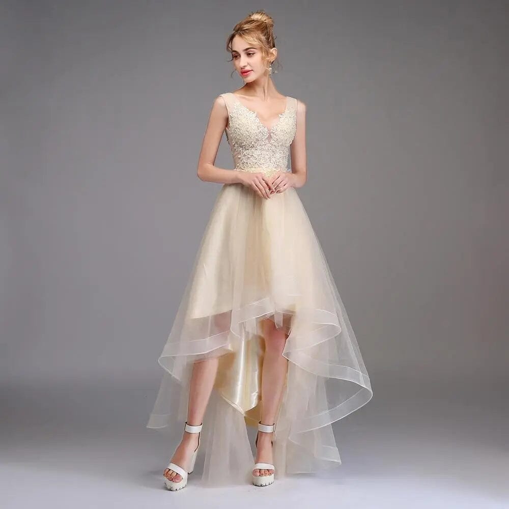 Champagne Asymmetrical Lace Cocktail Dresses Special Occasion BlissGown.com 