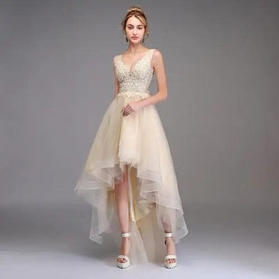 Champagne Asymmetrical Lace Cocktail Dresses Special Occasion BlissGown.com Champagne Custom Size 