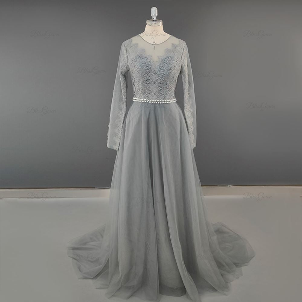 Charming Long Sleeve Lace Appliques Wedding Dress Boho Wedding Dresses BlissGown Grey 2 