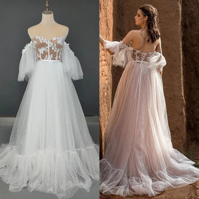 Charming Off Shoulder Puff Sleeve Bridal Gown Boho Wedding Dresses BlissGown 