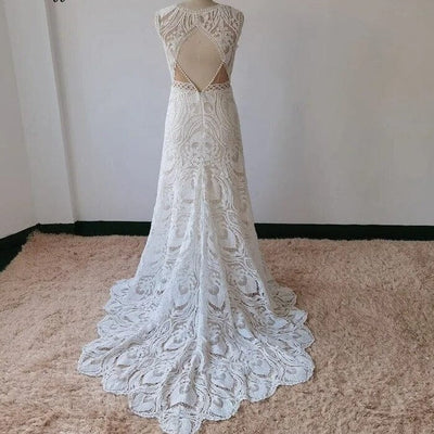 Chic Crochet Lace Sexy Backless Illusory Bohemia Wedding Dress Boho Wedding Dresses BlissGown 