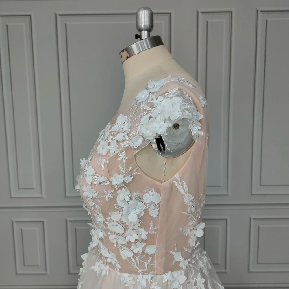 Deep V-Neck 3d Floral Backless Appliques Bridal Gowns Boho Wedding Dresses BlissGown 
