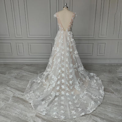 Deep V-Neck 3d Floral Backless Appliques Bridal Gowns Boho Wedding Dresses BlissGown 