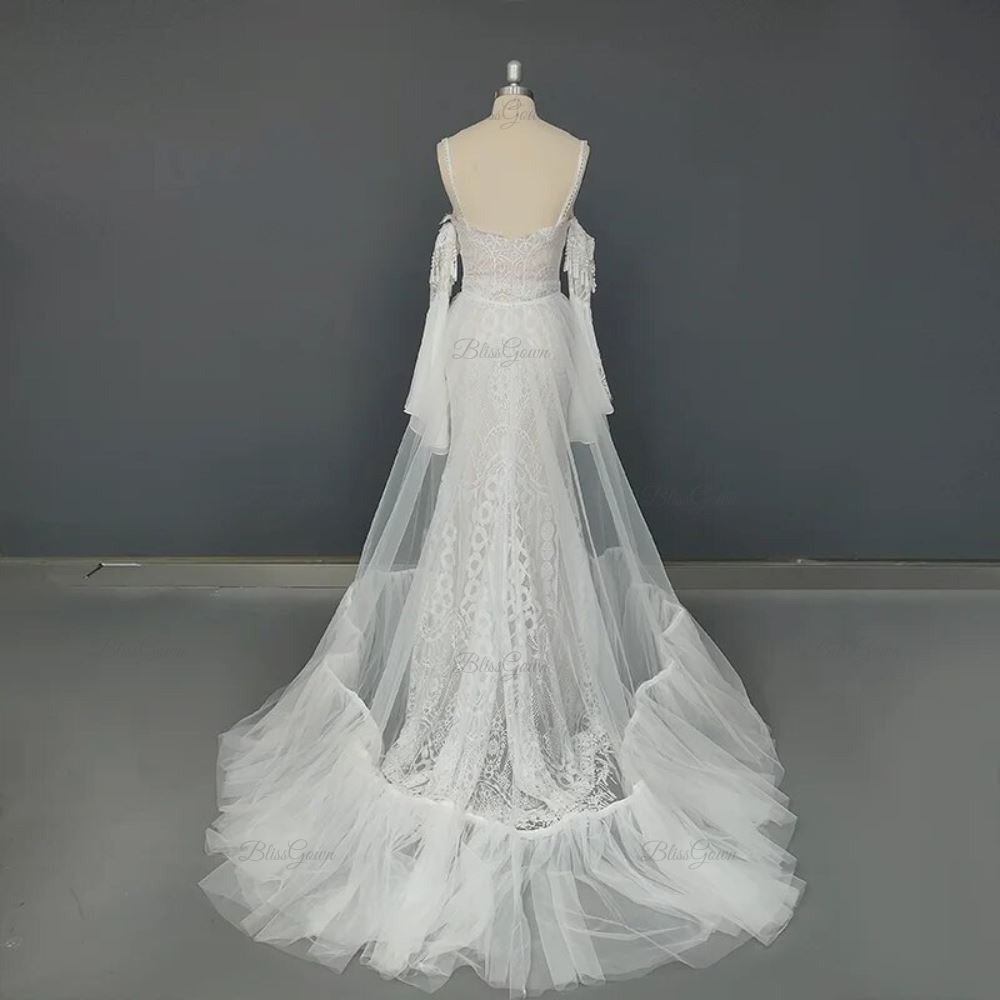 Detachable Train Tassel Flared Sleeves Wedding Dress Boho Wedding Dresses BlissGown 