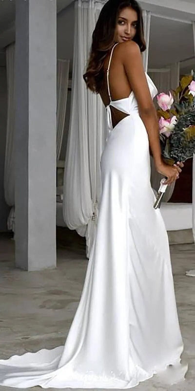 Floor-Length Satin Sleeveless Wedding Dress Classic Wedding Dresses BlissGown.com 