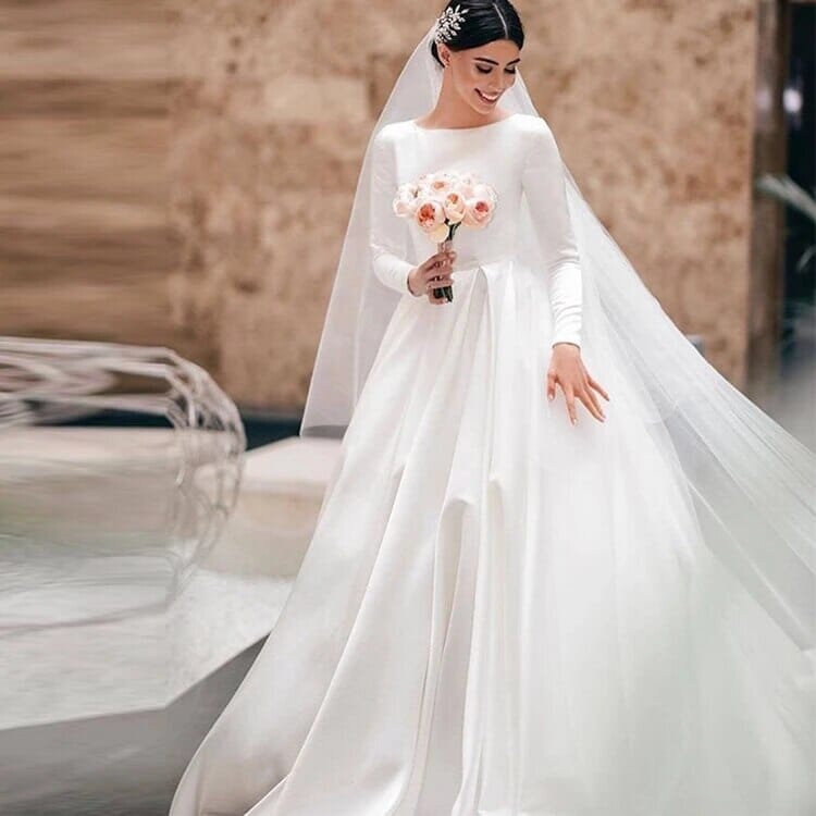 Gorgeous Simple Long Sleeve Plain Satin Gown Wedding Dress Classic Wedding Dresses BlissGown 