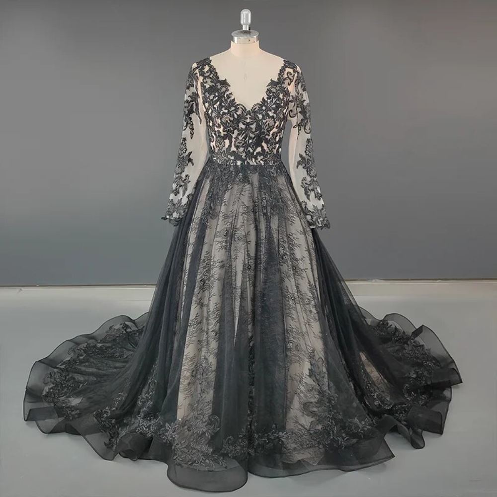Gothic Black Vintage Illusion Backless Wedding Dress - BlissGown