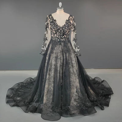 Gothic Black Vintage Illusion Backless Wedding Dress Luxury Wedding Dresses BlissGown 