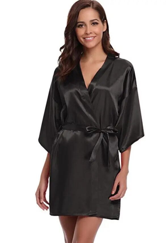 Half Sleeves Bridesmaid Satin Silk Robes Accessories BlissGown.com Black S 