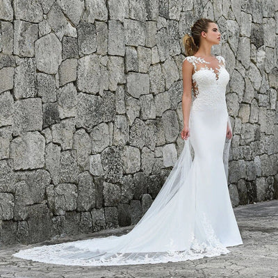 Illusion Back With Detachable Appliques Lace Train Wedding Dress Classic Wedding Dresses BlissGown 