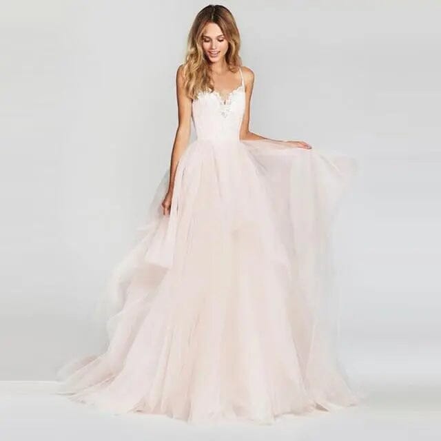 Lace Top Tulle Beach Wedding Dresses Beach Wedding Dresses BLISS GOWN Light Pink Custom Size 