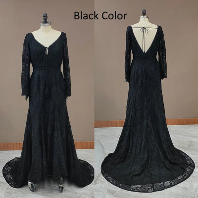 Long Lantern Sleeve Empire Backless Lace Bohemian Wedding Dresses Boho Wedding Dresses BlissGown Black 2 