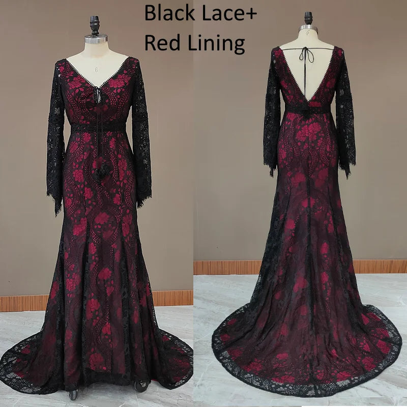 Long Lantern Sleeve Empire Backless Lace Bohemian Wedding Dresses Boho Wedding Dresses BlissGown Black Red Lining 2 