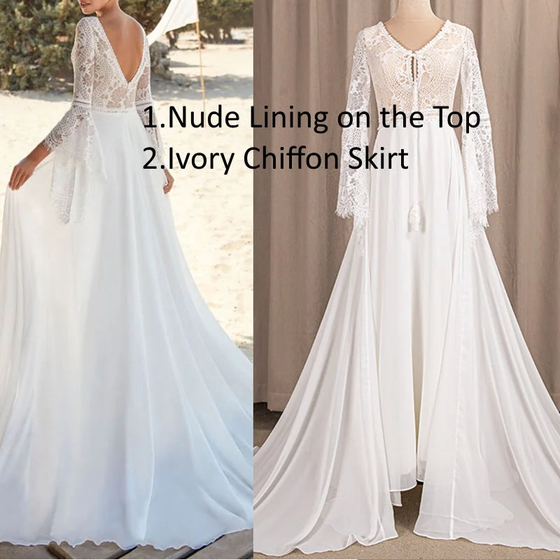 Long Lantern Sleeve Empire Backless Lace Bohemian Wedding Dresses Boho Wedding Dresses BlissGown Chiffon Skirt 2 