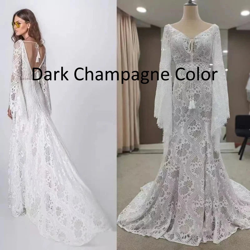 Long Lantern Sleeve Empire Backless Lace Bohemian Wedding Dresses Boho Wedding Dresses BlissGown Dark Champagne 2 