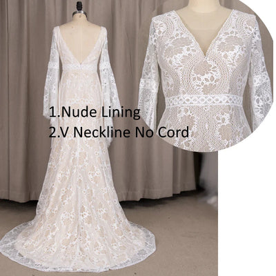 Long Lantern Sleeve Empire Backless Lace Bohemian Wedding Dresses Boho Wedding Dresses BlissGown Nude V Neckline 2 