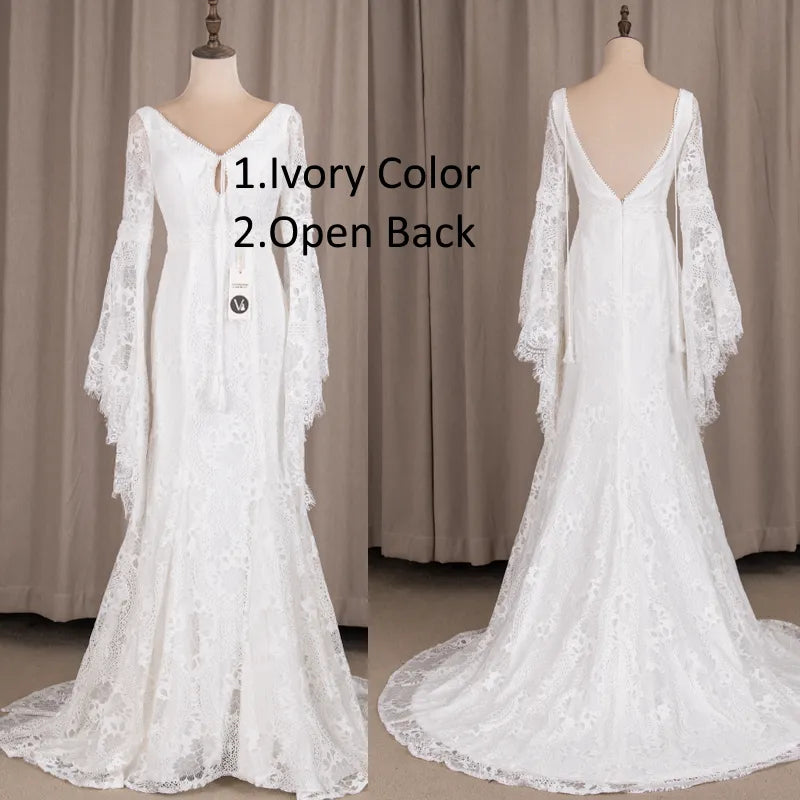 Long Lantern Sleeve Empire Backless Lace Bohemian Wedding Dresses Boho Wedding Dresses BlissGown Off White 2 