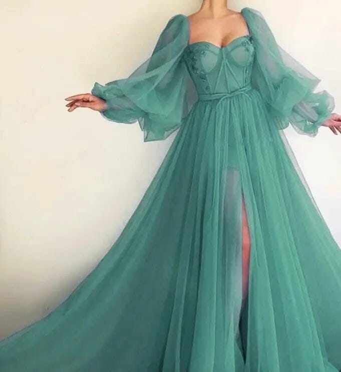 Long Puffy Sleeve Tulle Backless Prom Dress Sexy Prom Dresses BLISS GOWN 