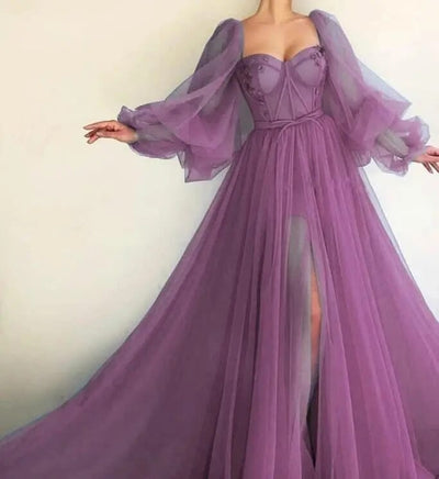 Long Puffy Sleeve Tulle Backless Prom Dress Sexy Prom Dresses BLISS GOWN 