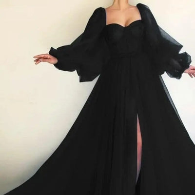 Long Puffy Sleeve Tulle Backless Prom Dress Sexy Prom Dresses BLISS GOWN Black 2 