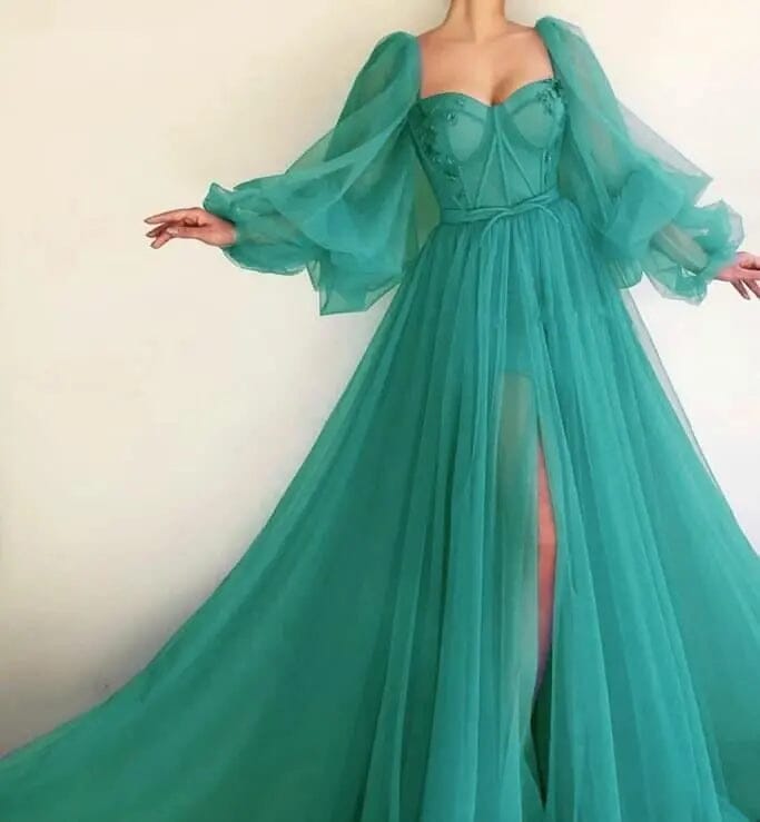 Long Puffy Sleeve Tulle Backless Prom Dress Sexy Prom Dresses BLISS GOWN Green 2 