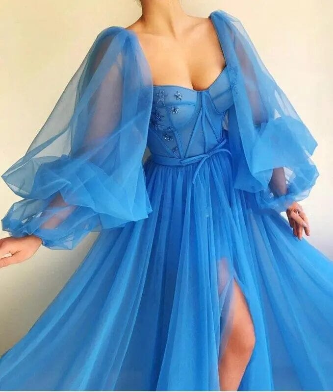 Long Puffy Sleeve Tulle Backless Prom Dress Sexy Prom Dresses BLISS GOWN Ocean Blue 2 
