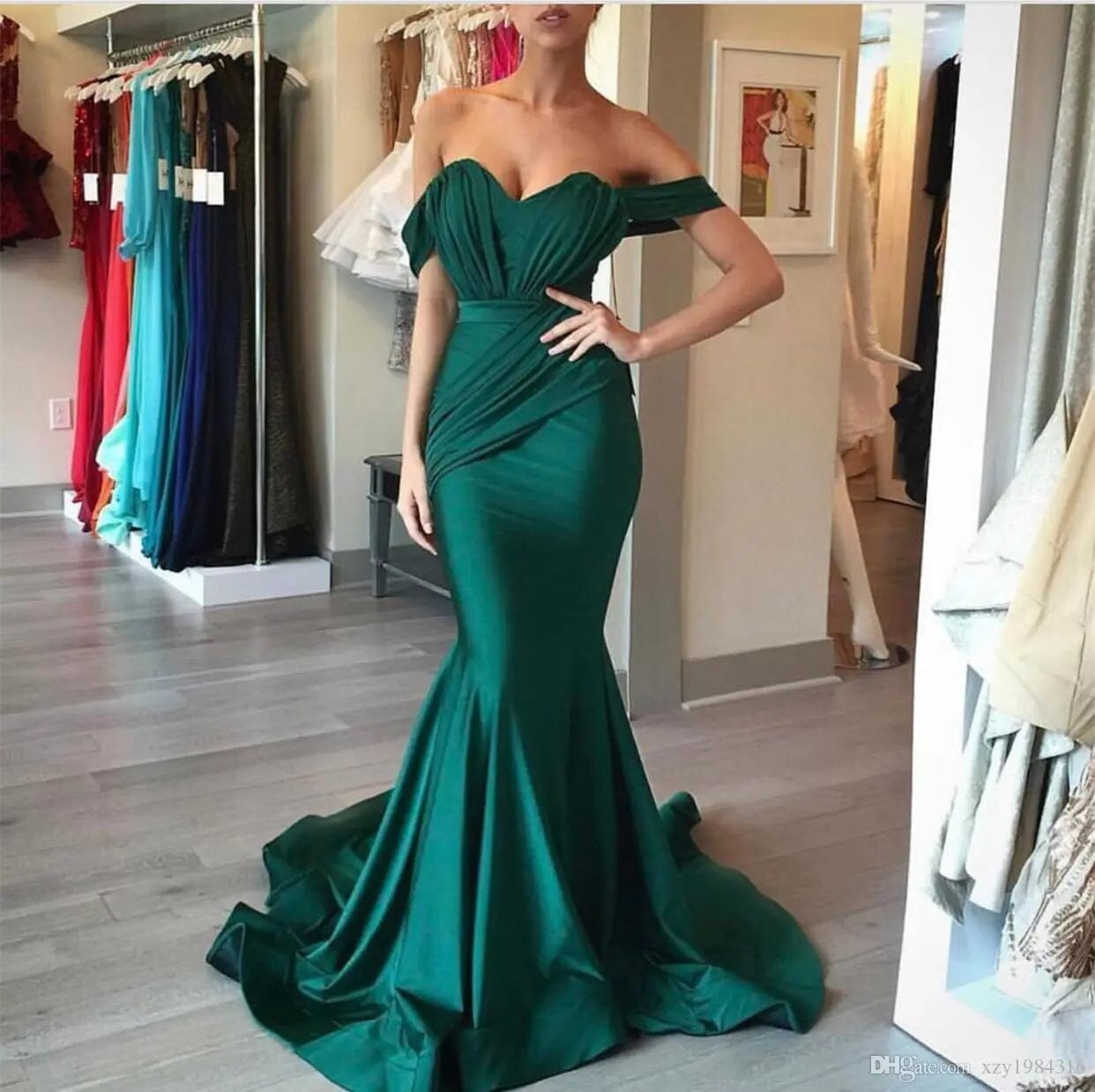 Long Satin Mermaid Evening Dresses Evening & Formal Dresses BlissGown.com Green Custom Size 