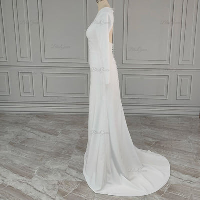 Long Sleeve Satin O-Neck Open Back Mermaid Bridal Gown Classic Wedding Dresses BlissGown 