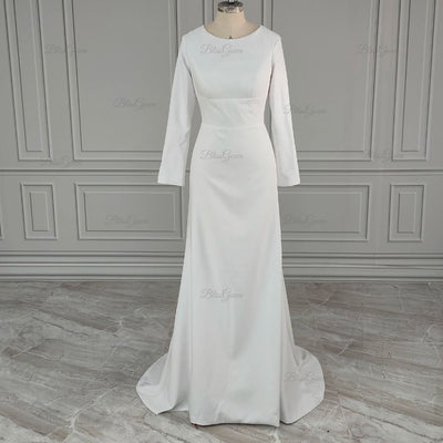 Long Sleeve Satin O-Neck Open Back Mermaid Bridal Gown Classic Wedding Dresses BlissGown 