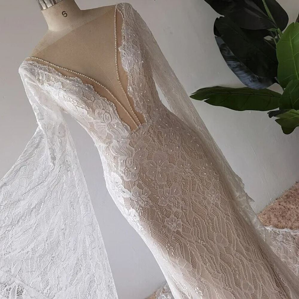 Luxury Lace Flare Sleeves Mermaid Beach Open Back Bridal Gown Beach Wedding Dresses BlissGown 